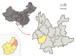 Location of Yun County (pink) and Lincang Prefecture (yellow) within Yunnan province of China
