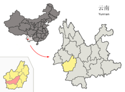 Location of Gengma County (pink) and Lincang Prefecture (yellow) within Yunnan province of China