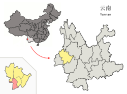 Location of Longling County (pink) and Baoshan Prefecture (yellow) within Yunnan province of China