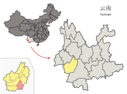 Location of Shuangjiang County (pink) and Lincang Prefecture (yellow) within Yunnan province of China